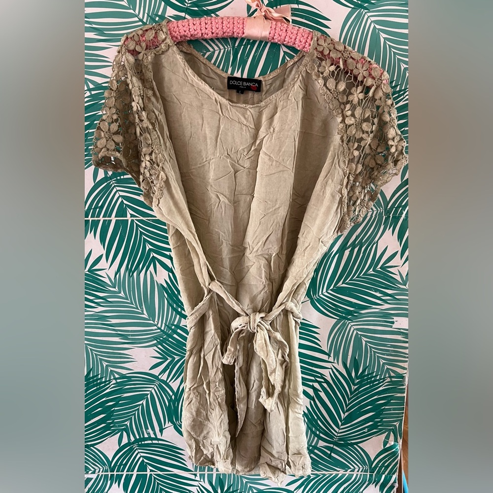 Dolce Bianca beige light weight tunic dress lace detail & belted waist sz L